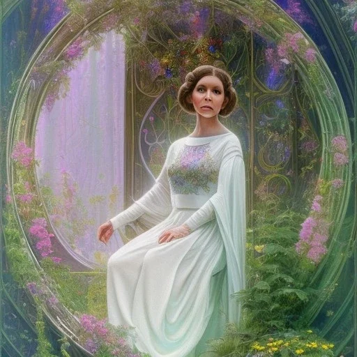 hyperspace background, complete and photo realistic detailed head to waist stunning photo realistic portrait of carrie fisher as Princess Leia in star wars with photo realistic hairstyle by Mandy Jurgens and mucha and Richard Schmid and chuck close and chie yoshii, extraordinary and detailed ceremony dress of star wars,brown eyes