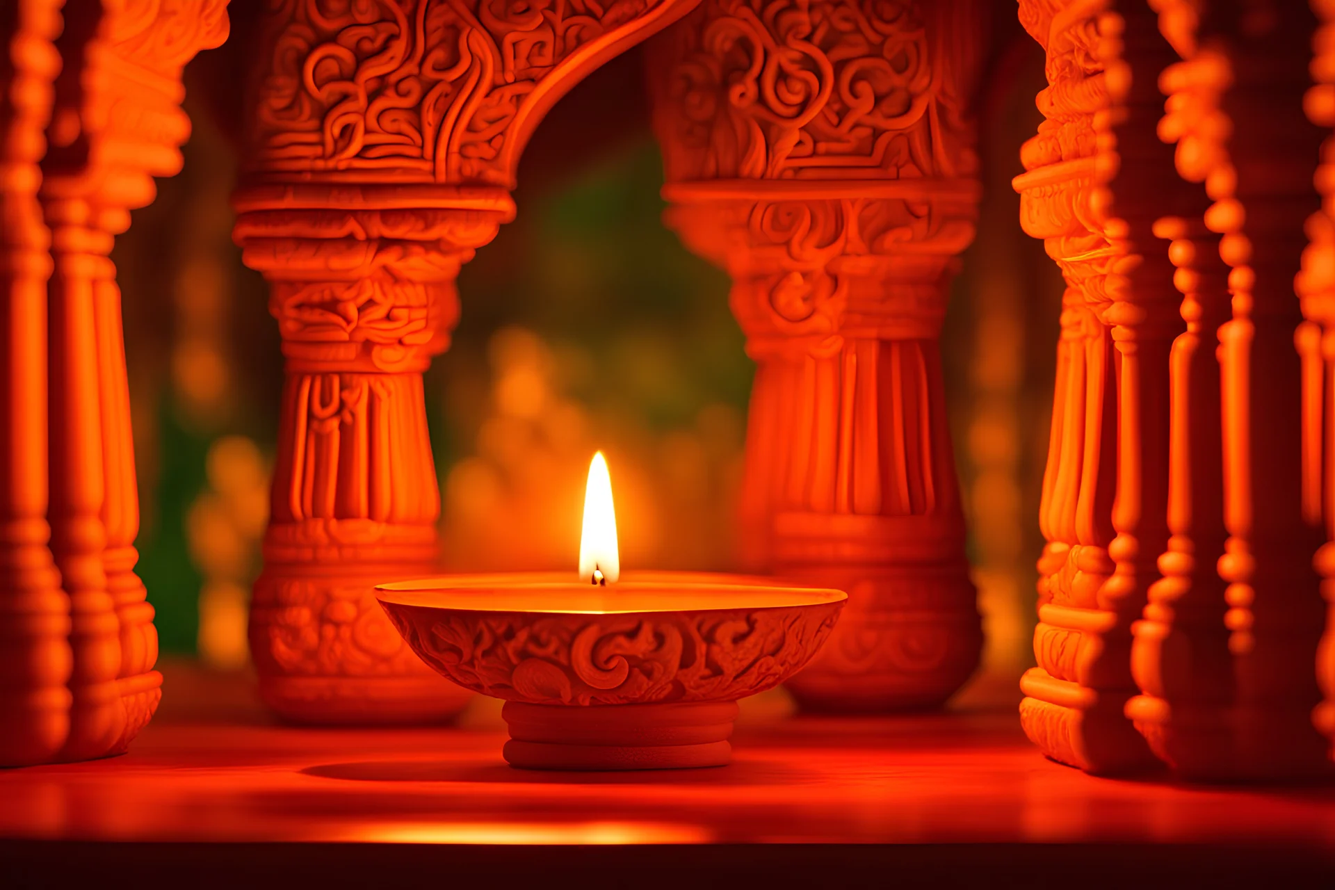 Lit diya lamp, warm glow, intricate sari patterns, temple interior, ancient banyan tree silhouette, tranquil atmosphere, close-up shot, soft focus, vibrant colors, ultra detailed, cultural art, by Abanindranath Tagore and Bhupen Khakhar, deviantart, highly detailed, traditional, cinematic lighting