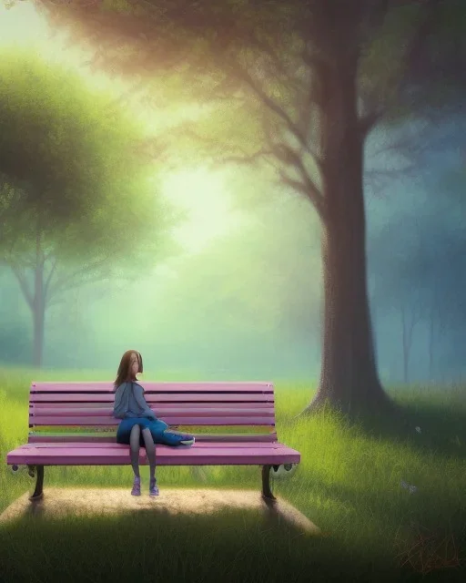 park mystical dream, park bench, man, woman, child, dog, trees, path, bird, sunshine, mystical, fantasy, romanticism, pastel colors, daylight, daytime, acrylic painting, detailed, soft focus,