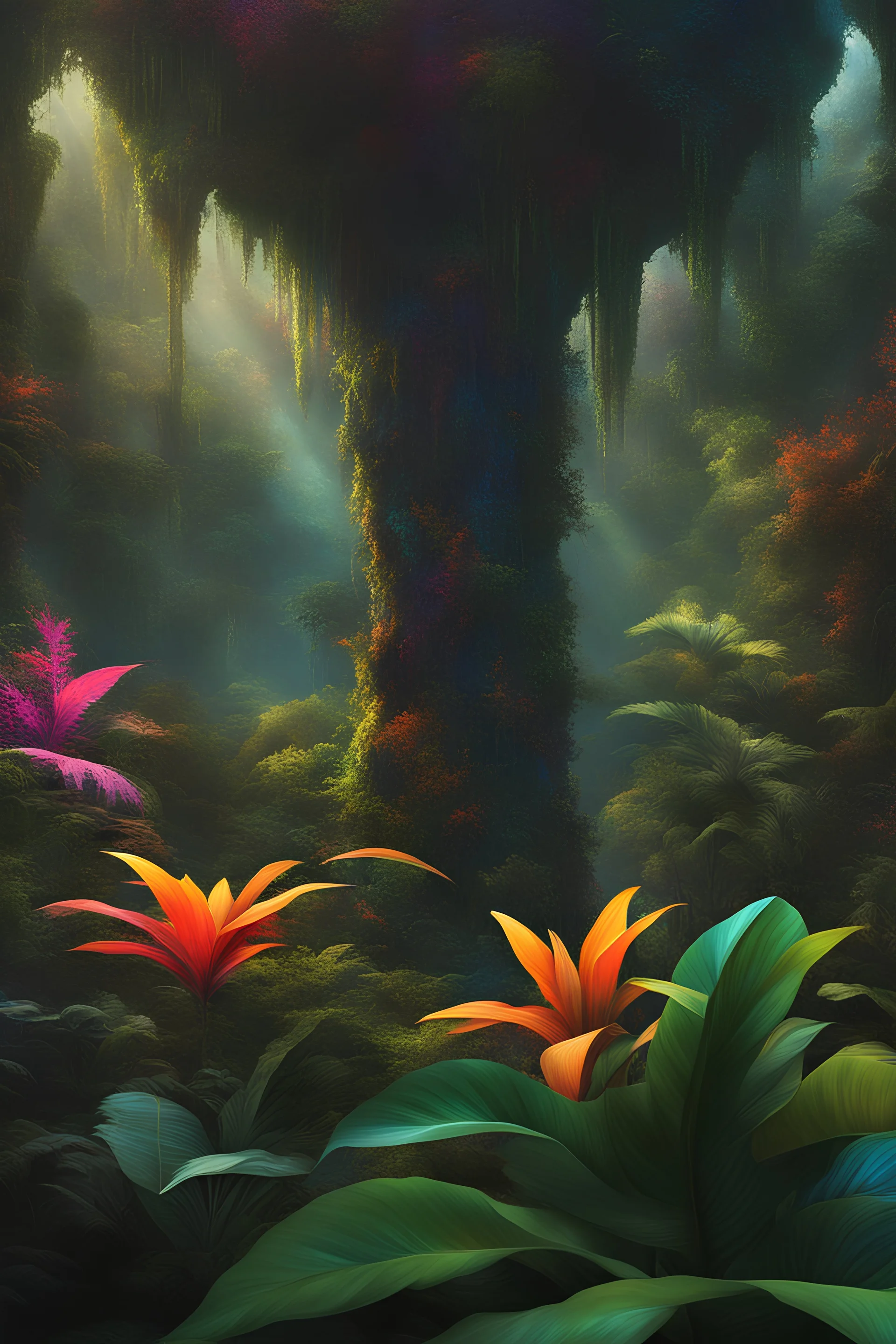 A hyper-realistic photo, A colourful jungle a masterpiece, highres dark fantasy concept art, dynamic lighting, hyperdetailed, intricate, Splash screen art, vibrant colour, volumetric lighting, triadic complementary colours glow particles