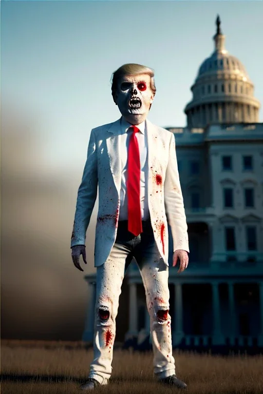 Ultra realistic image, Donald trump zombie, zombie performance, skull, blood, torn arm, night, walking twisted, waist up view, thriller style, dark ambient, highly detailed, White House background, concept art, unreal engine 5, god rays, ray tracing, RTX, focal lighting, ultra detail, volumetric lighting, 3d, finely drawn, high definition, high resolution.