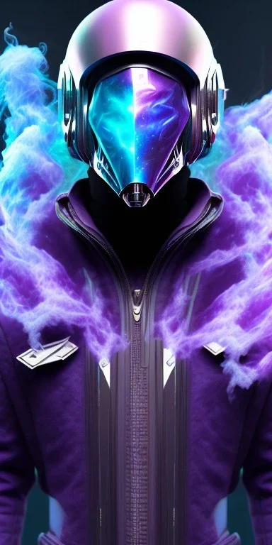 purple galaxy masked super villain, weapons in hands, teal and purple smoke, full portrait, hyper realistic, 4k