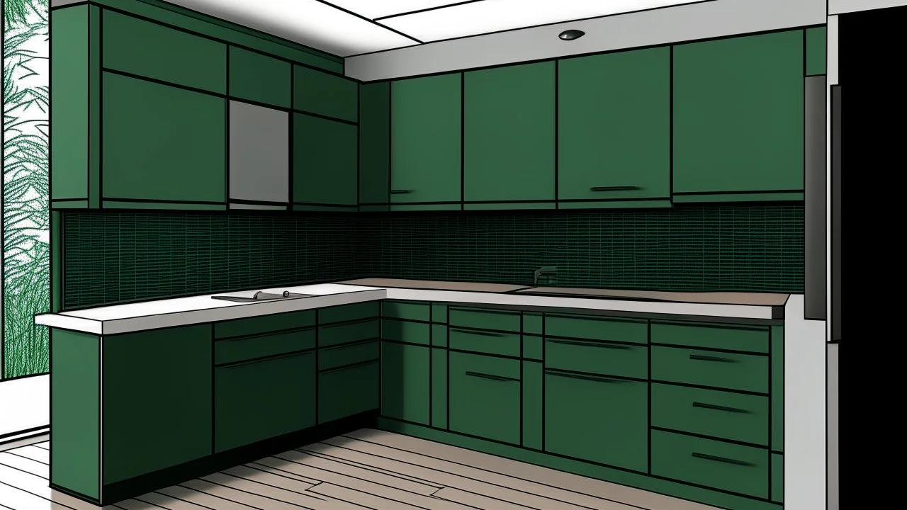 kitchen with dark green furniture, forest wallpaper on a white wall, on the left side next to the window there is a microwave and oven installed in the furniture, and on the right side 5 cm from the induction hob and a kitchen hood above it,