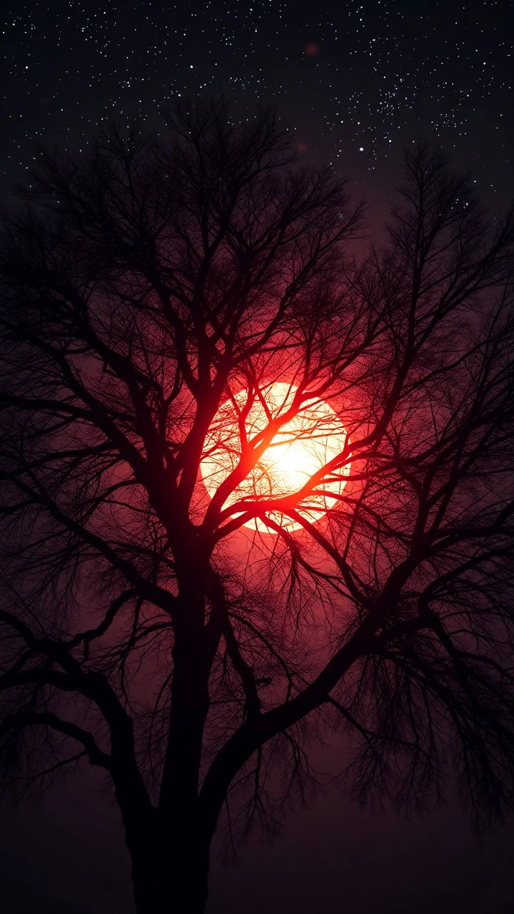 surreal glowing in dark, widow trees , millions of stars. a peach flowing anime style sun view through a tree in double exposure