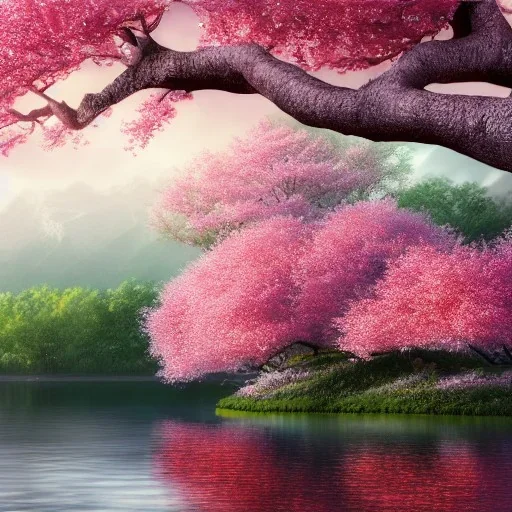 the most stunning, gorgeous cherryblossom tree on a lush island with reflective lake, high-detailed, fine-detailed, intricate, 8k resolution, digital art, detailed matte, volumetric lighting, dynamic lighting, ornate, baroque, illustration, 3D octane render, brian froud, howard lyon, selina french, greg rutowski, sharp focus, crisp