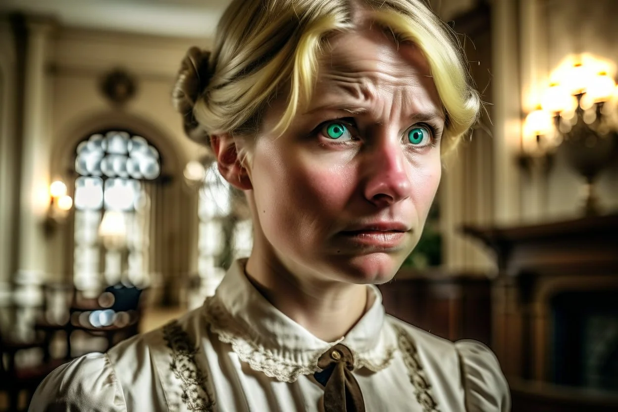 ww1 almost crying blonde maid talking close-up standing up looking to the camera, ww1 mansion room background