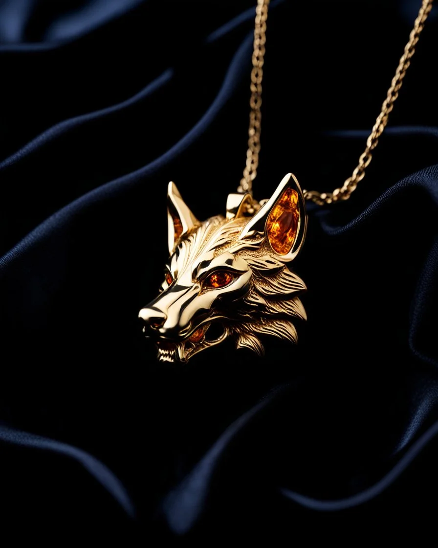 gold wolf's head necklace with amber stone eyes laying on black silk cloth