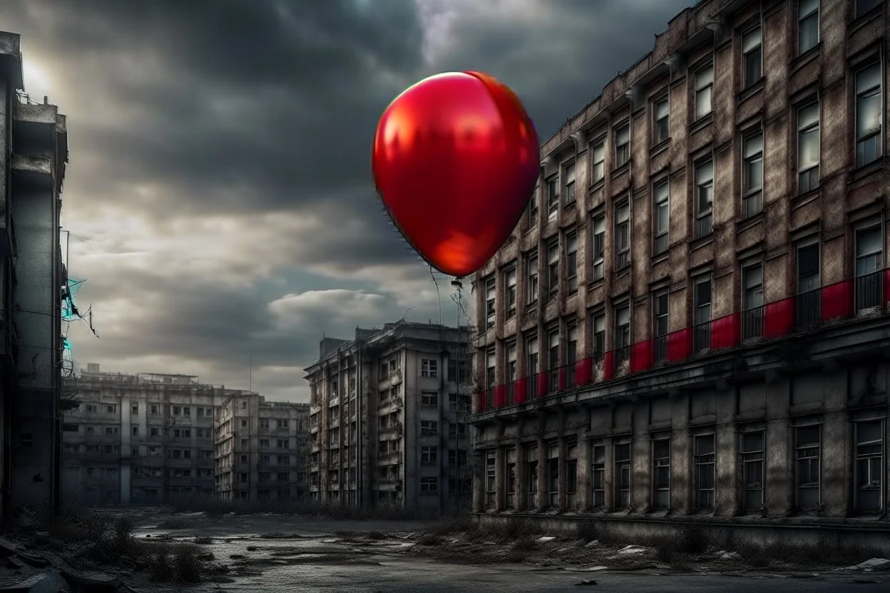 one red party balloon on sky, high realistic, storm, gloomy, surreal, little dark old city, ruins, professional photo, cinematic, utopistic