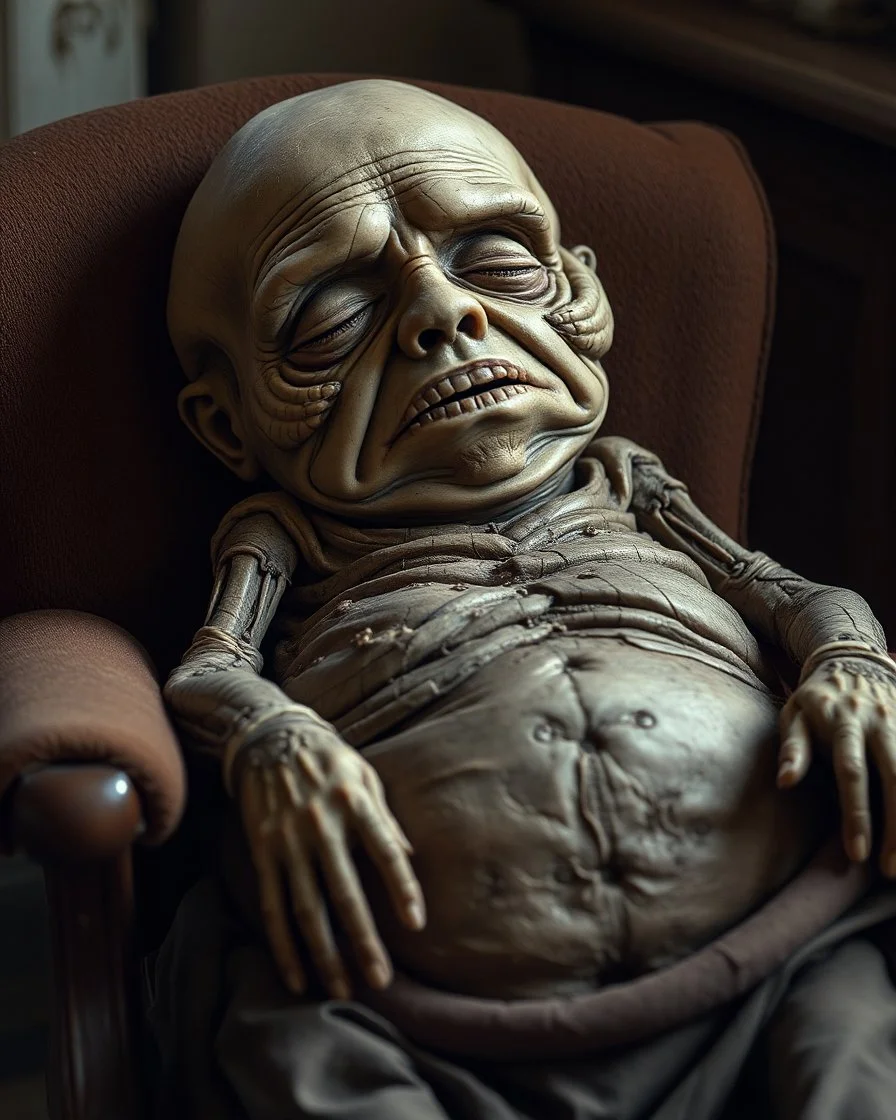 a chubby really old mummified corpse, eyes closed, leaned over in a brown chair