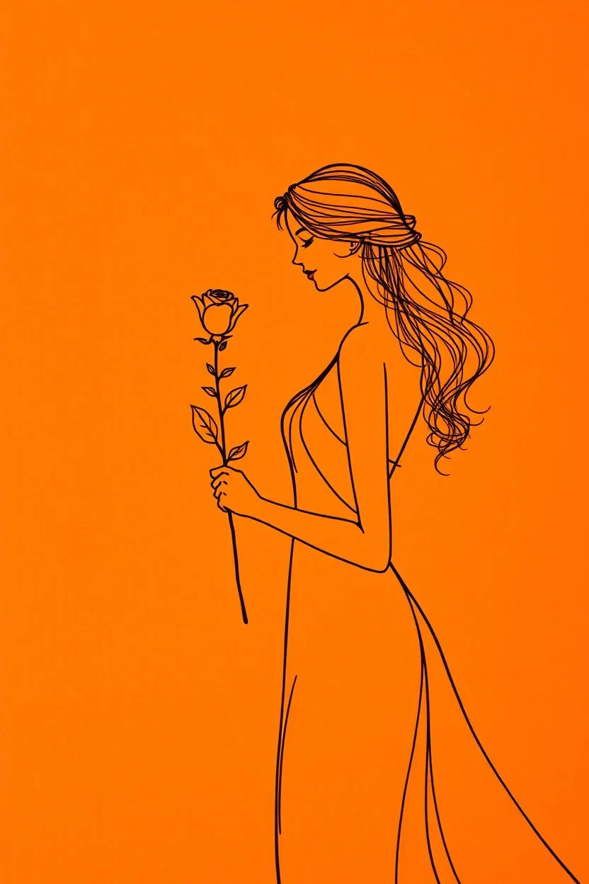 (single line minimalist drawing:1.3) in (black ink:1.2) on (vibrant orange canvas:1.3), depicting a (graceful woman:1.2) holding a (delicate rose:1.1). The composition highlights the (fluidity of lines:1.3) and the (contrast of colors:1.2), capturing the essence of beauty in a (monochromatic color scheme:1.3) that emphasizes simplicity, elegance, and emotional depth.