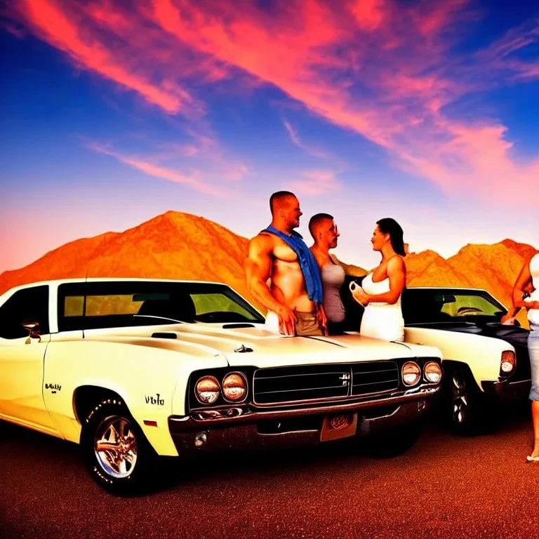 muscle car, married couple driving, desert road, sunset, full colour,