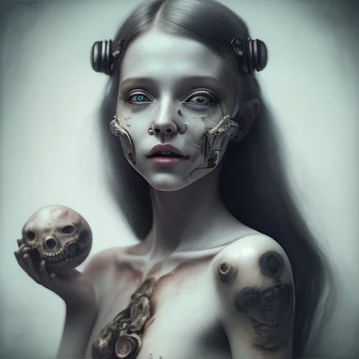 a cute smiling girl with her toy with a tattoo in her face, michelangelo oil painting, steam punk, scary, horror, realistic, made in octane, cinematic, ultra-realistic, extremely detailed octane rendering, 8K, VRAY Super Real ar 2:3, dof photorealistic futuristic 50mm lens hard lighting dark gray tintype photograph, realistic lighting, sephia colors