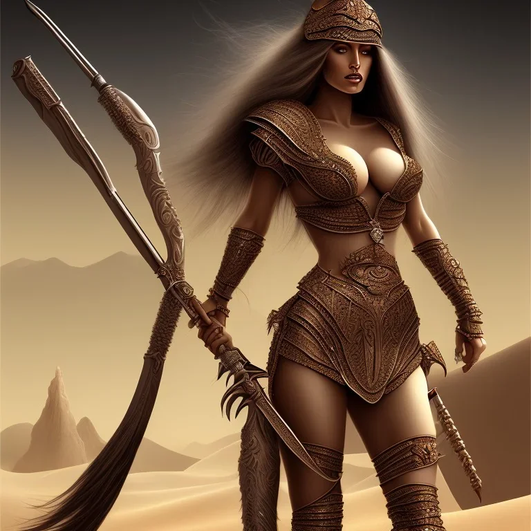 long hair lady warrior with big bobs no top under in desert