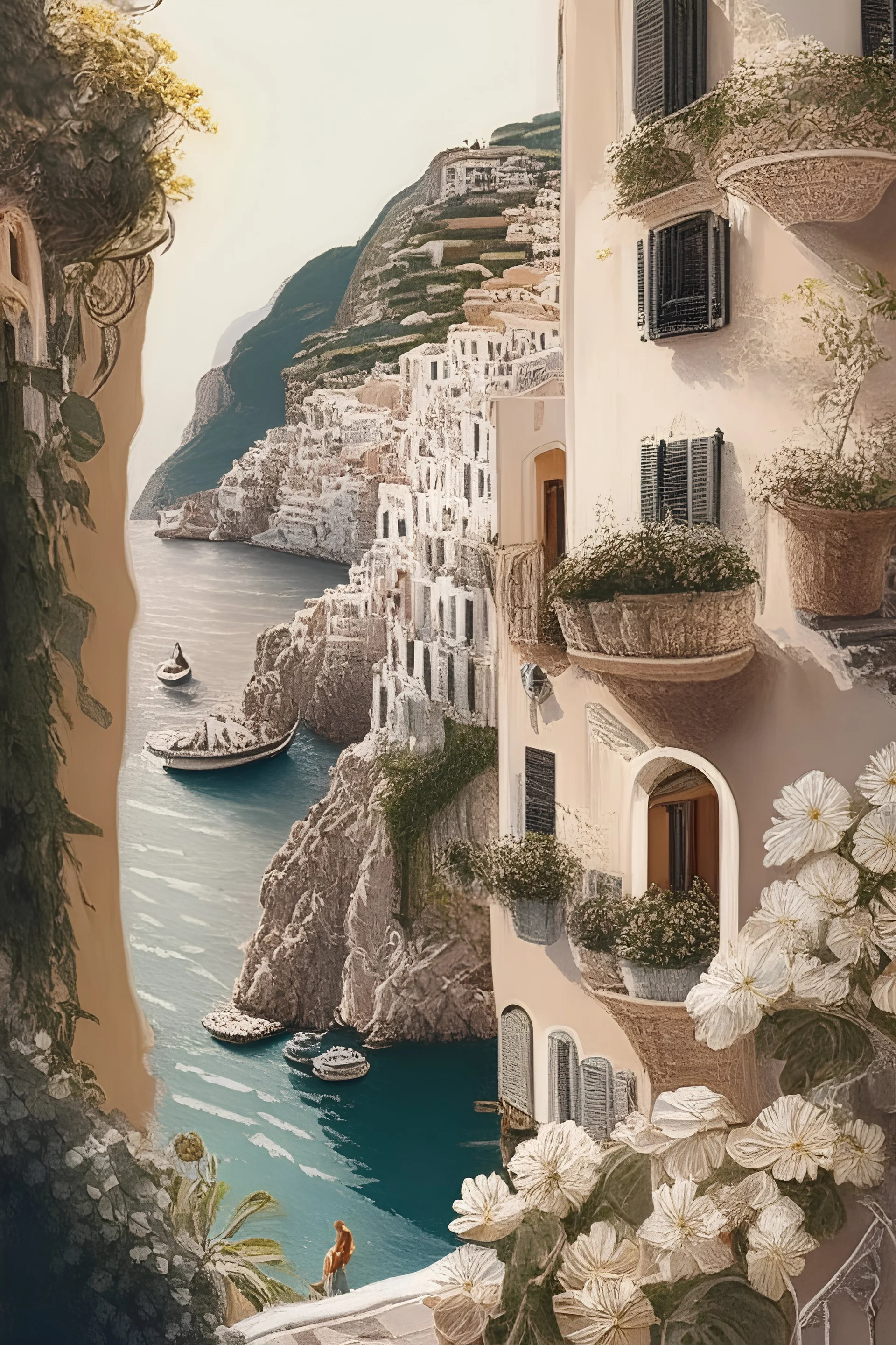 illustrated, romantic, Positano, vacation, Italy