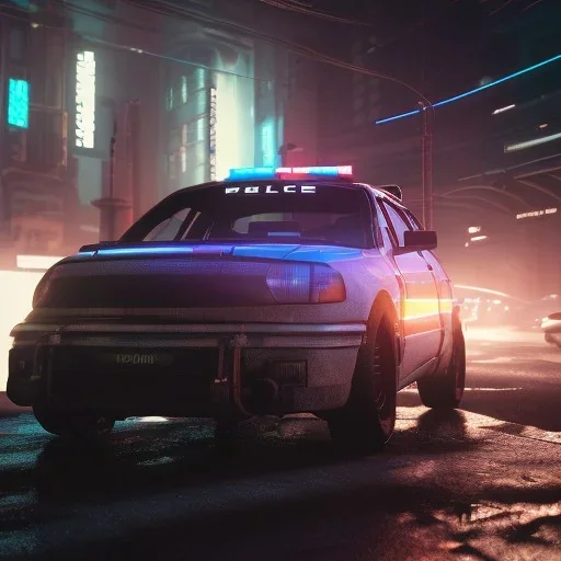 Cyberpunk,police car at night unreal engine 5, octane render,cinema4d, dynamic lighting, 8k, redshift render, highly, hyperrealism ultra realistic, hyper realistic.