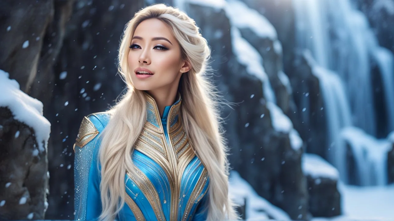 Photo realistic portrait of a gorgeous smiling skinny euro-asian goddess with a golden dark shining skin, long smooth blonde hair, blue eyes, in a sci-fi outfit with luminous strikes blowing a kiss in a snowy hill, a frozen waterfall, a crystal palace, hills in a wide persperctive, particles in the air in winter. Intricated details,