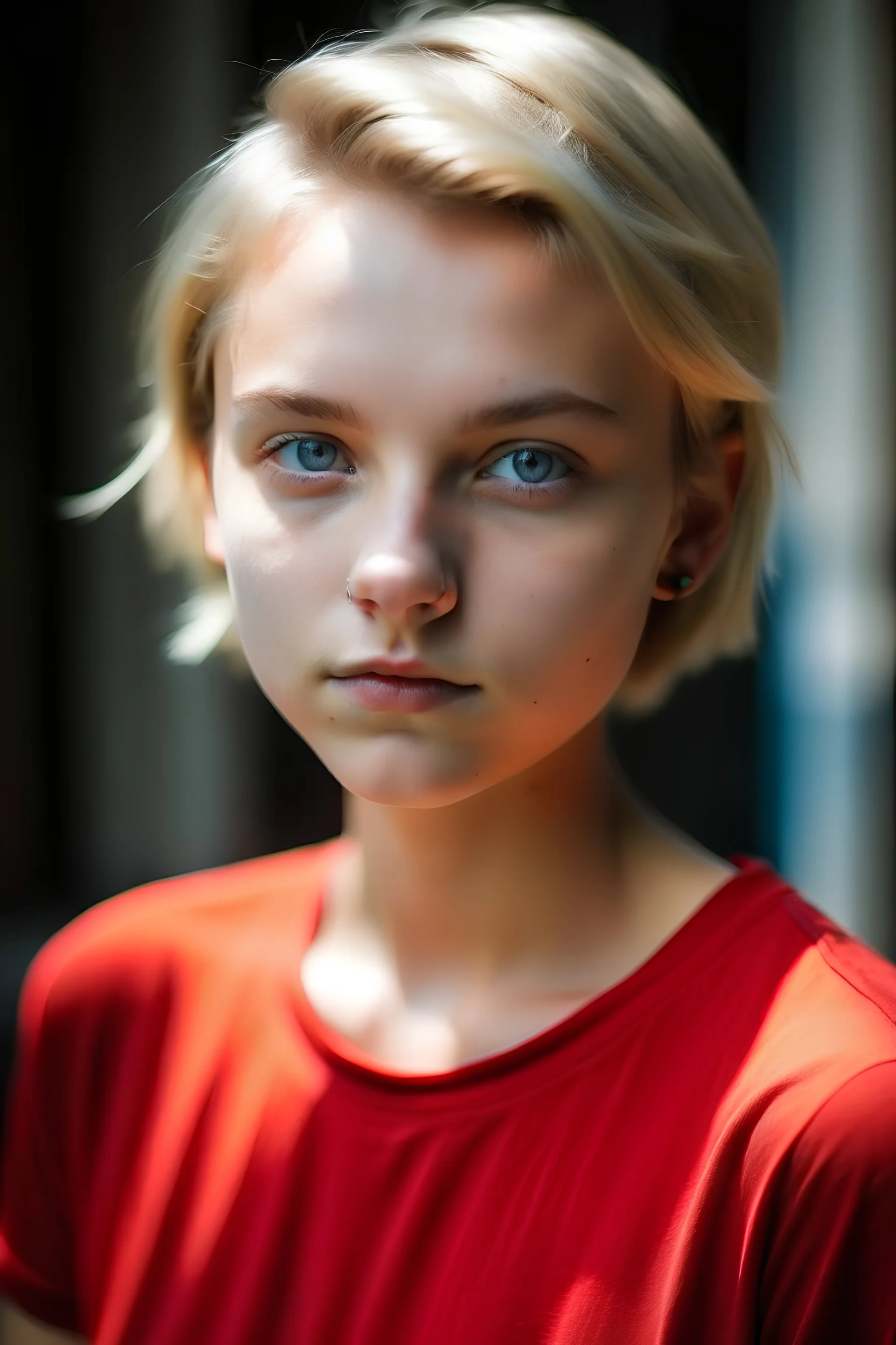 An 18-year-old girl with short blonde hair and blue eyes wearing a red t-shirt