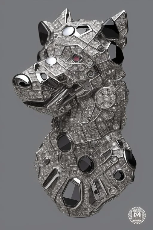 Decorative silver brooch containing a black crystal jewel in the shape of a Deberman dog