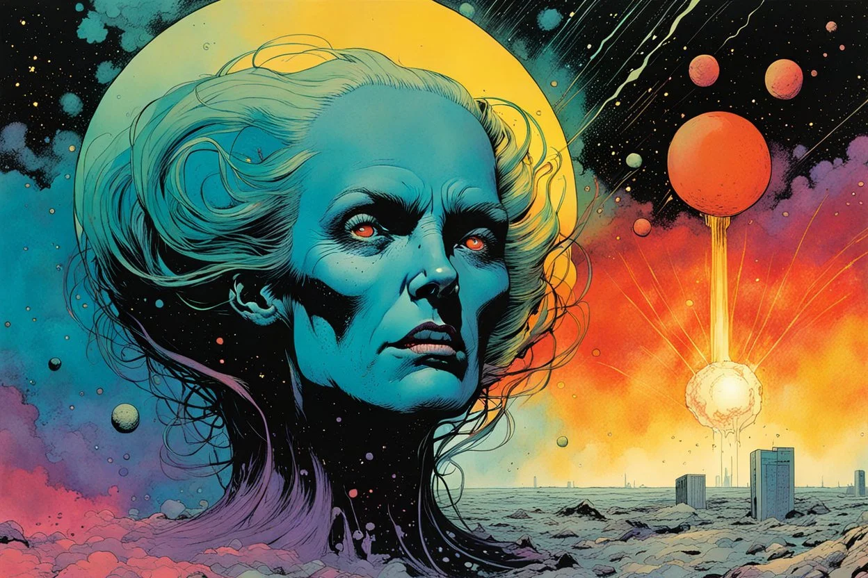 create an imaginative hybrid female extraterrestrial being, filming the exploding chaos of a dying star, in the comic book art style of Bill Sienkiewicz, Mike Mignola, and Jean Giraud Moebius, finely textured, drawn, colored, and inked