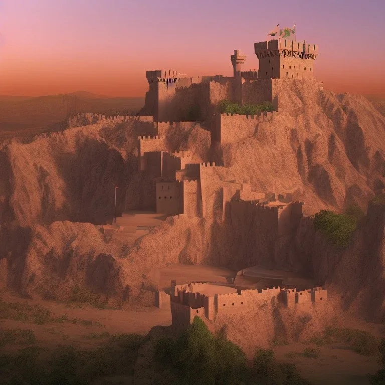 Arabic castle between mountains at time of sunset ray tracing 4k realistic