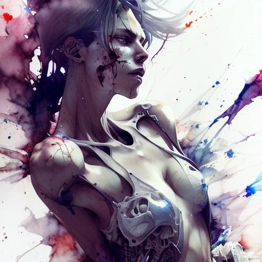 leaning pose, skulls, watercolor illustration by <agnes cecile> <Yoji Shinkawa>,