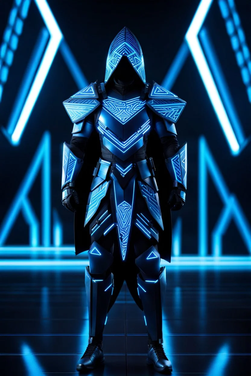 neon blue, floating triangle of light behind the back, cyber armor, geometric patterns on an armor, male, orbiting triangle