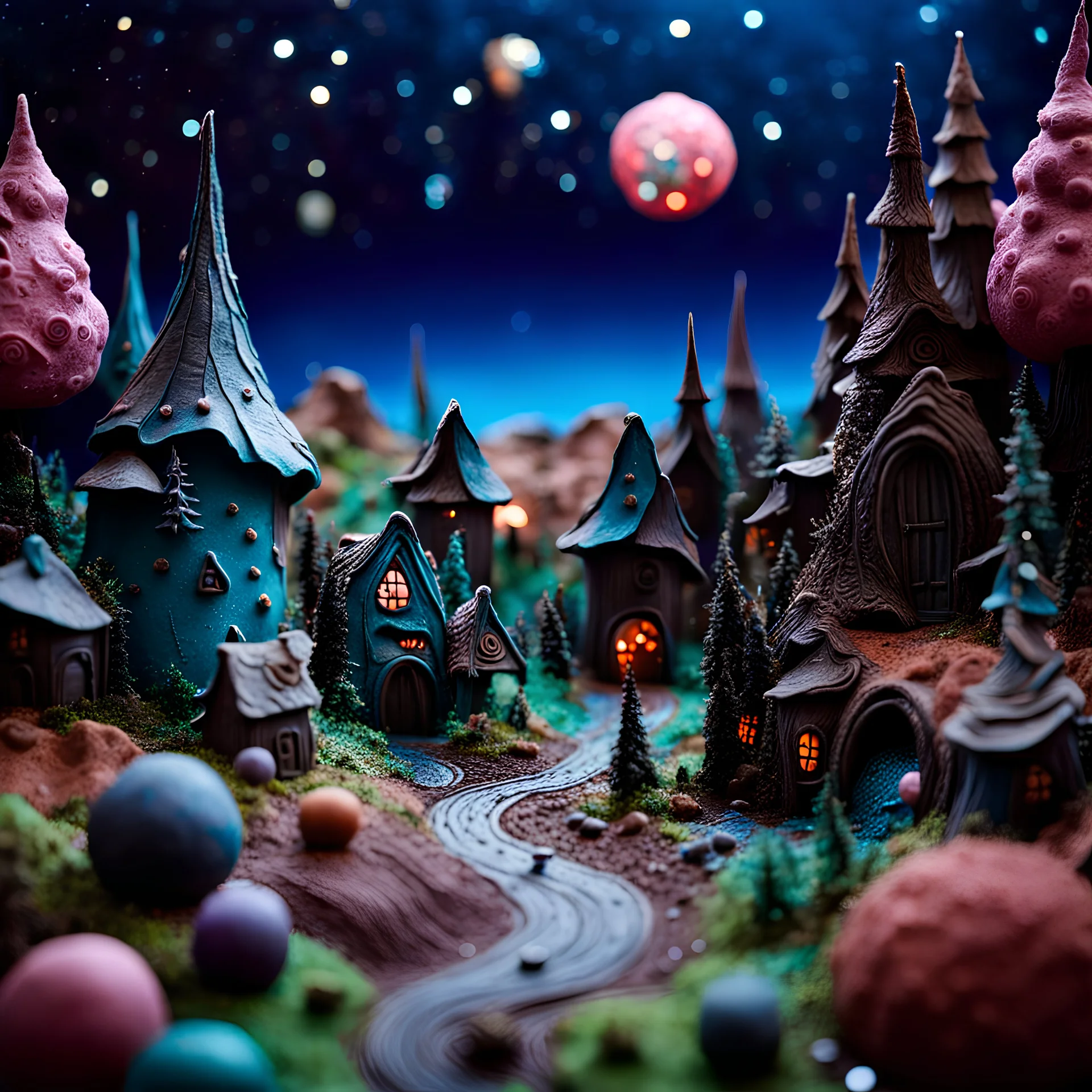 Detailed creepy landscape made of modeling clay, village, stars and planets, Roger Dean, naïve, Tim Burton, strong texture, Ernst Haekel, extreme detail, Max Ernst, decal, rich moody colors, sparkles, bokeh, odd