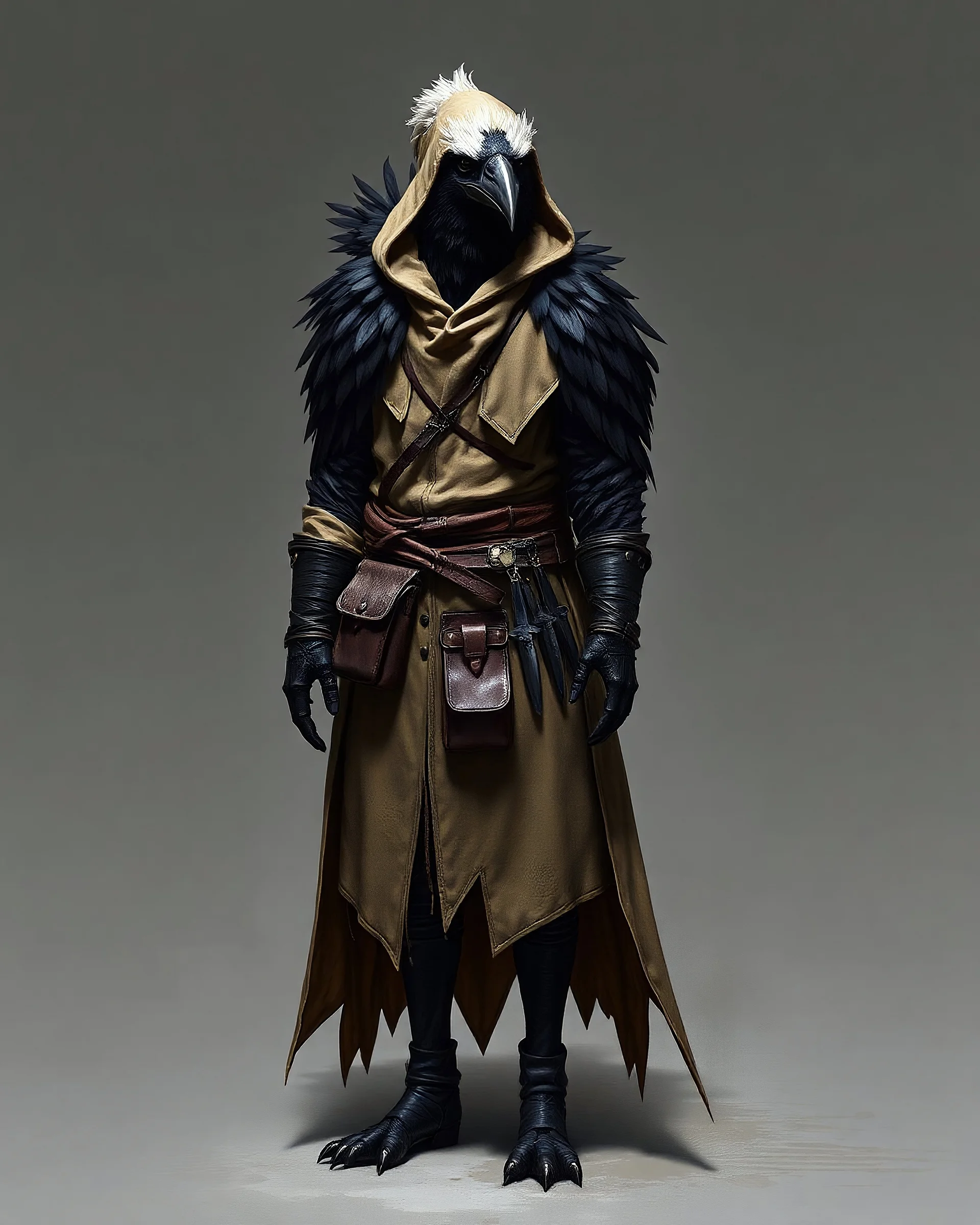 A humanoid crow character, standing still. The body is human-shaped, covered with black feathers, and the head is that of a crow with white feathers and a sharp beak. He wears a sand-colored hooded cloak with black feathers sticking out from underneath, a light beige coat beneath it, a leather bag on his belt, and two small dagger holsters. Short boots on his feet. Height about 165 cm. Dramatic lighting, detailed textures, fantasy concept art, dark medieval aesthetic, realistic painterly style,