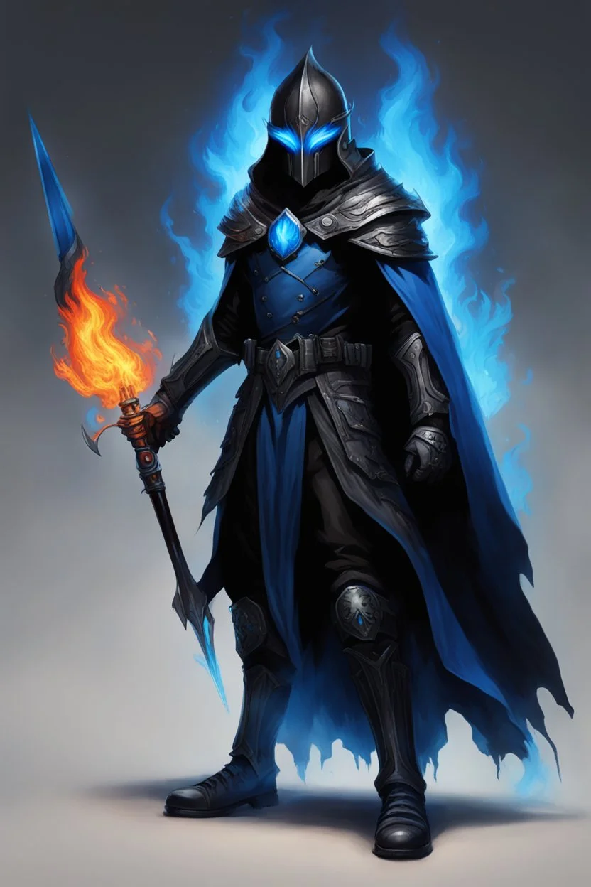 A commander with a matte black combat helmet and eyes with bright blue flaming pupils, a black cape and a long coat with long combat boots and a long, sharp and fiery spear and with his helmet under his cape and two blue flames instead of eyes