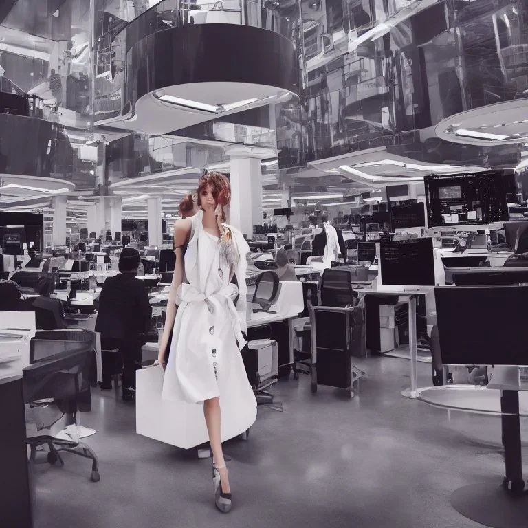 photo of a young beautiful fashion model wearing high fashion balenciaga clothes posing on the dow jones trading floor with bankers busy working in the background, balenciaga, photorealistic, colourful, high contrast, dow jones, trading floor, fashion photography, high resolution, 8k, hard light, gen z, wide angle lens