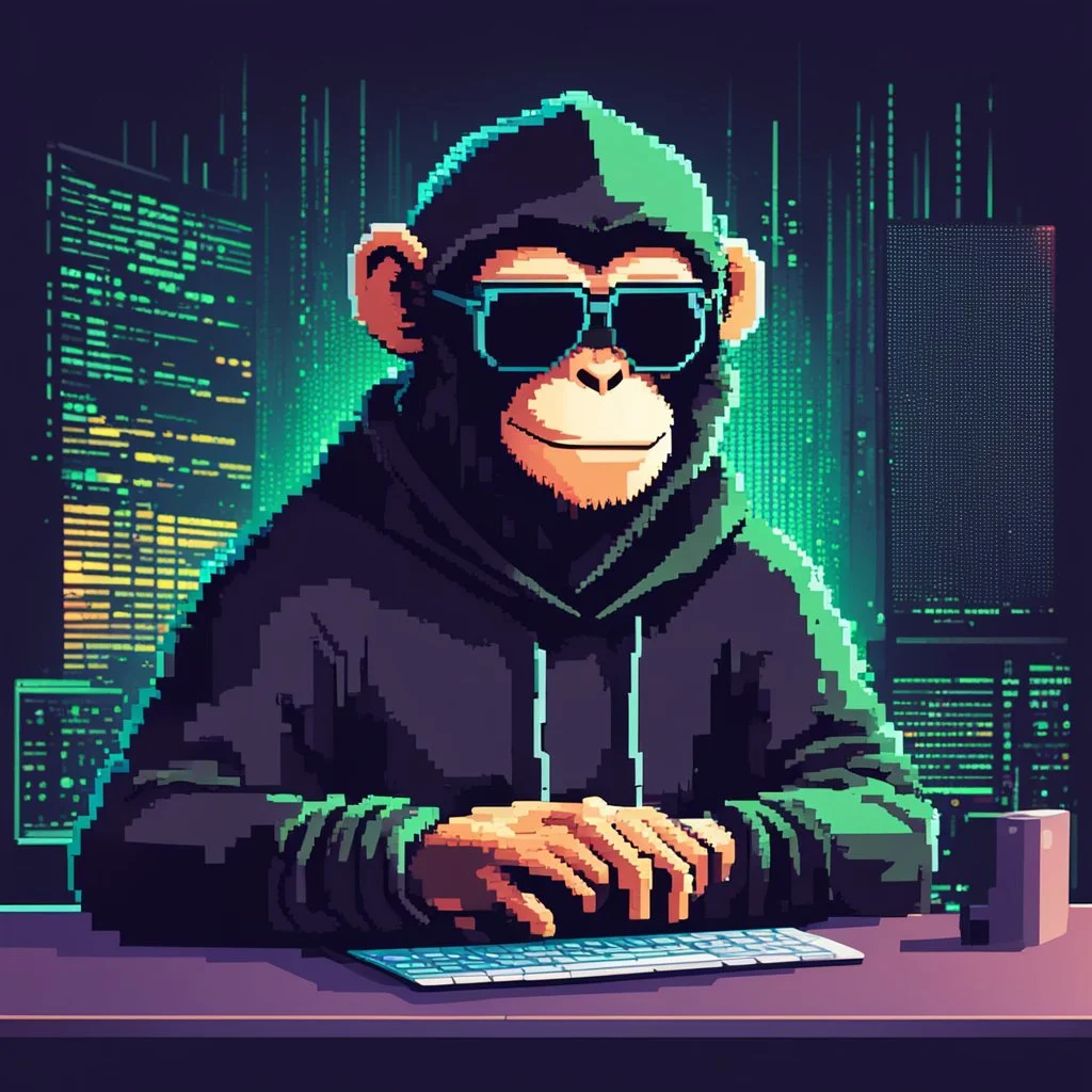 A grinning Monkey sitting in front of a laptop, hacking systems, wearing a hoodie and sunglasses. Matrix in background. Pixel Art. Profile Picture. Avatar. Pixel