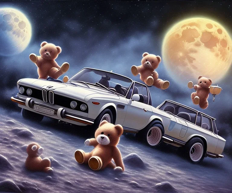 little boy and big teddy bears on moon. drifting in old bmw. oil on canvas