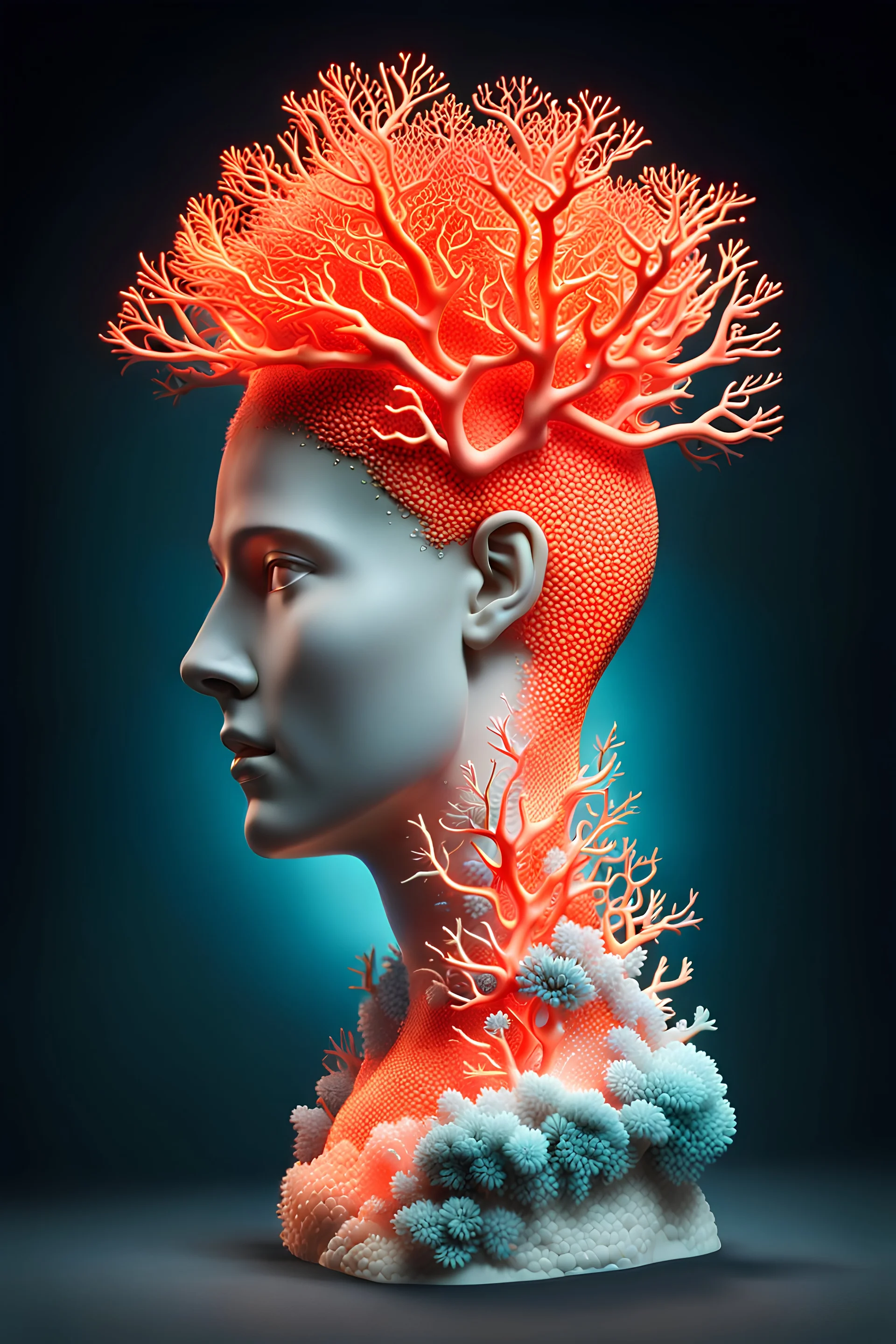 Ultra detailed of a Human head anatomical, coral, neon, medical, scientific illustration, 16th century, carey pelto, michael angelo, ultra realistic, dendritic, artstation: award-winning: professional portrait: atmospheric: commanding: fantastical: clarity: 16k: ultra quality: striking: brilliance: stunning colors: masterfully crafted.