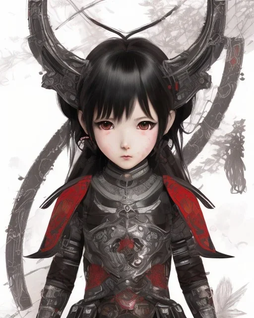 Detailed anime child girl, dark brown hair, black and red dragon scale armour, intricate details, full body portrait, keep head in frame, slight smile, black Japanese motif, concept art, highly detailed, digital painting, concept art, sharp focus, illustration, art by Yoji Shinkawa, WLOP and greg rutkowski and alphonse mucha and artgerm and yanjun Chen and Junji ito and Makoto Shinkai, HDR, octane render