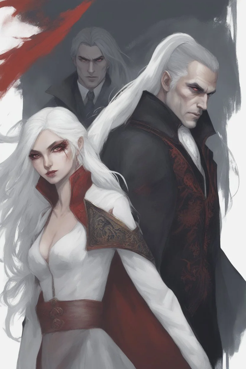 Vampire count Strahd Von Zarovich has long black hair and red eyes, with a woman with white hair