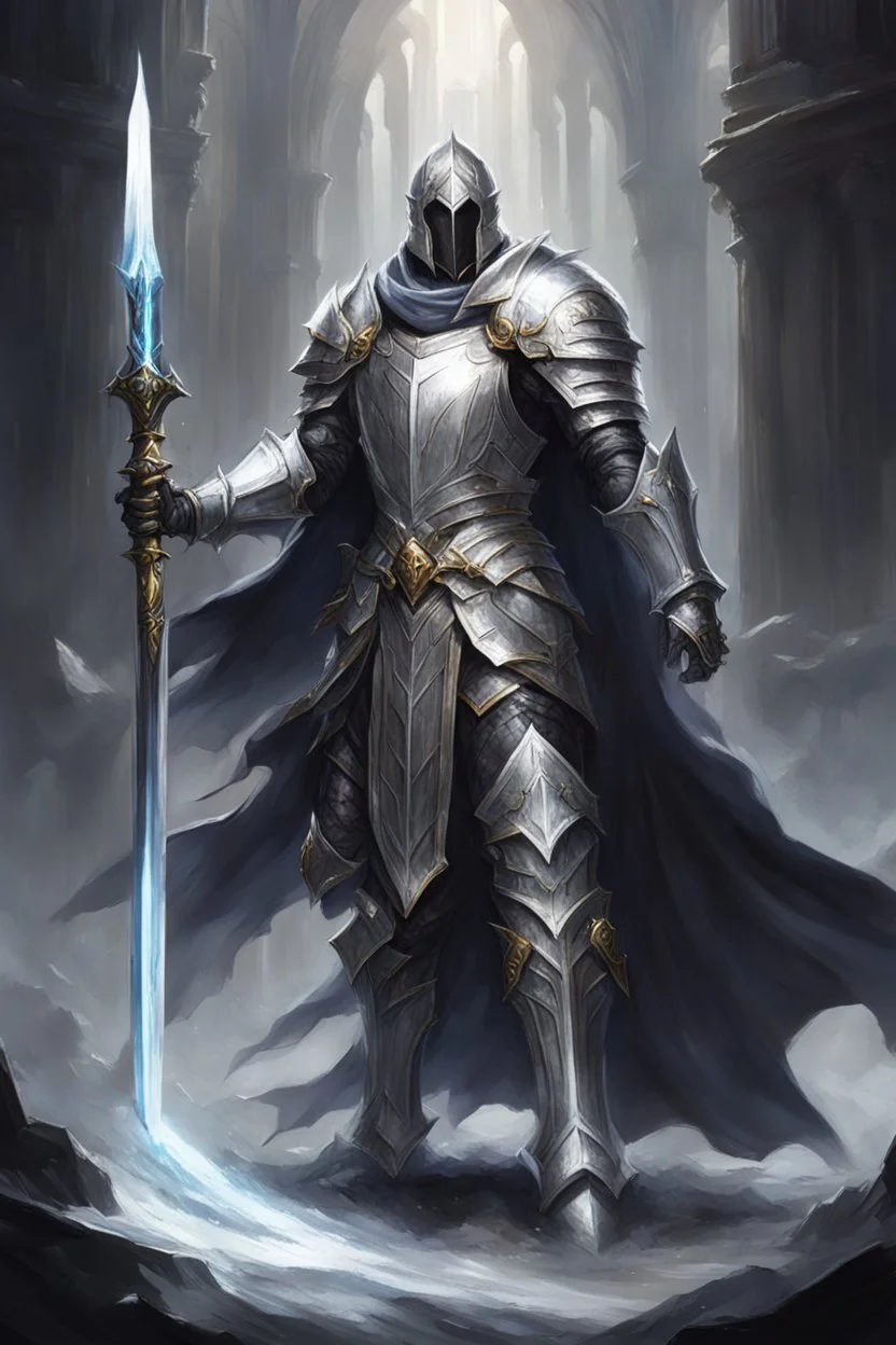 holy knight paladin in silver armor and a cape wielding a sword in abyss