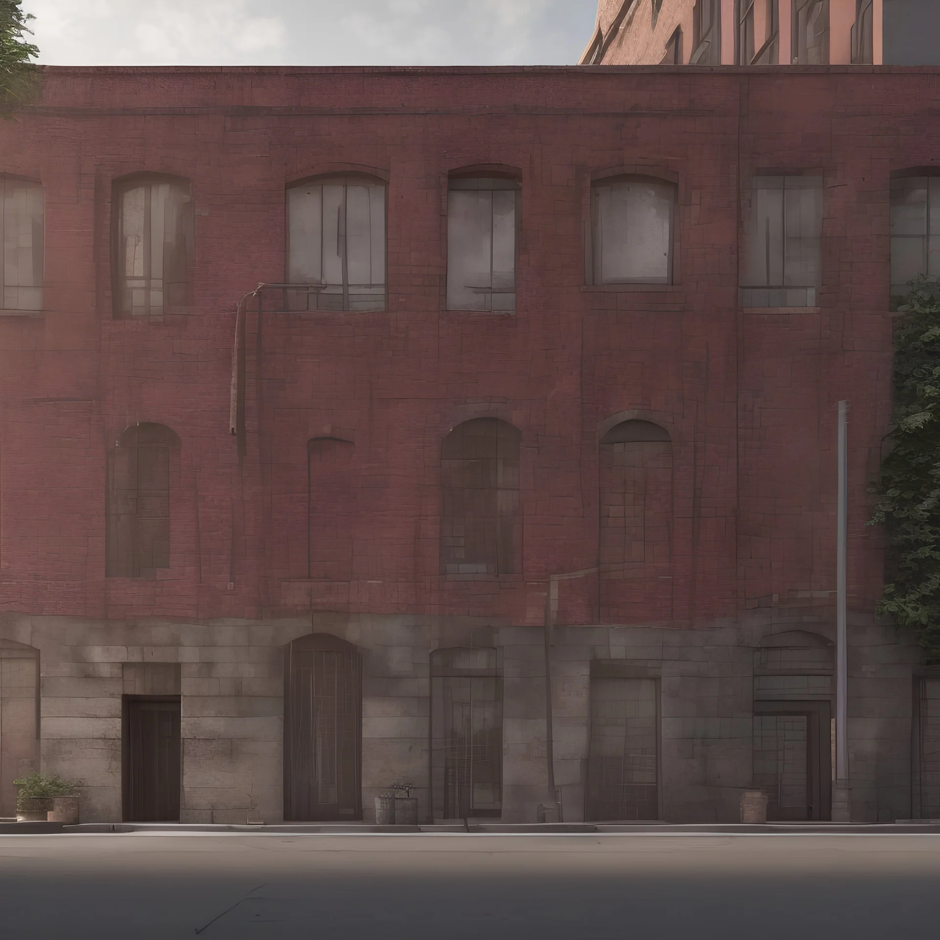 front cement wall,brick building, ,cinematic, montreal, city, illustration