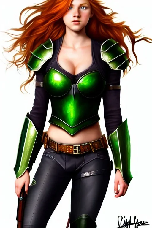 concept illustration, ultra-realistic, super-detailed, strikingly beautiful teen female, 16 years old, long ginger hair, green eyes, medium freckles, full lips, full body, full face, b-cup breasts, athletic, centred camera, ignore NSFW, black skimpy fantasy leather armor, stern expression