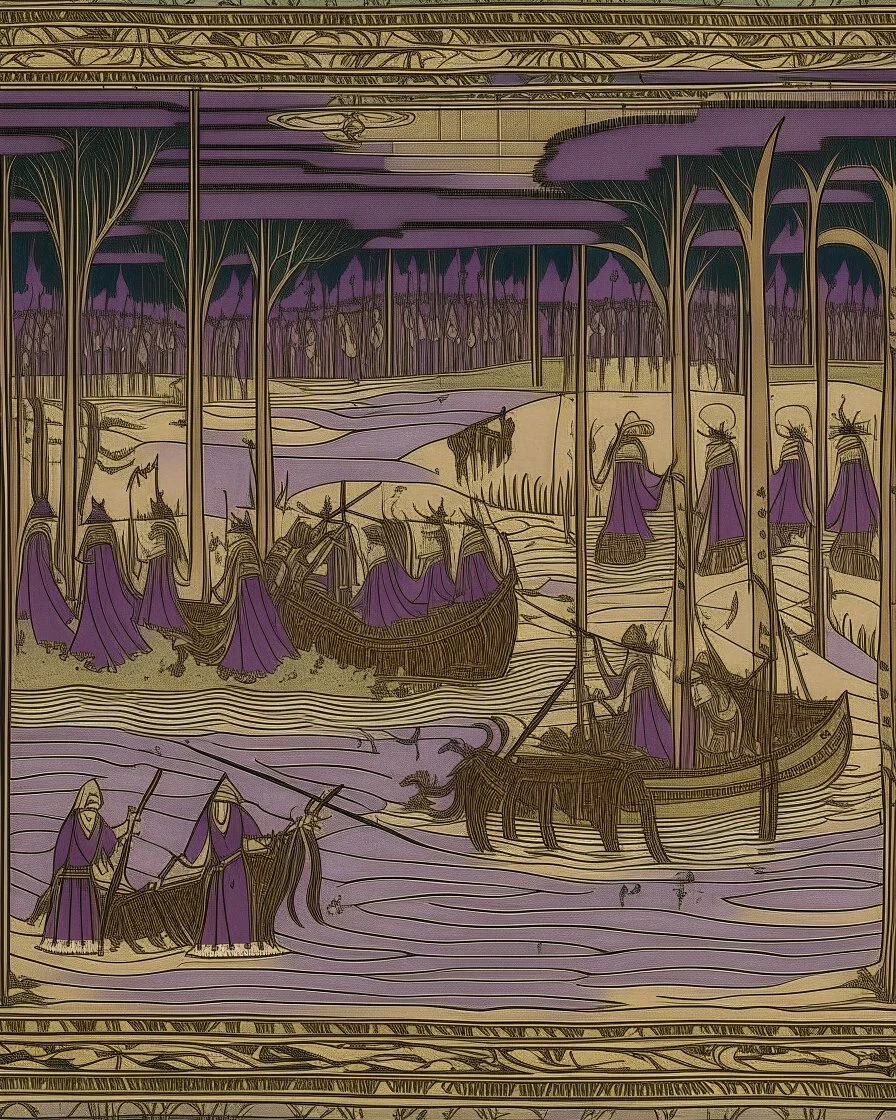 A purple toxic swamp designed in Bayeux tapestry painted by Giovanni Battista Sassi