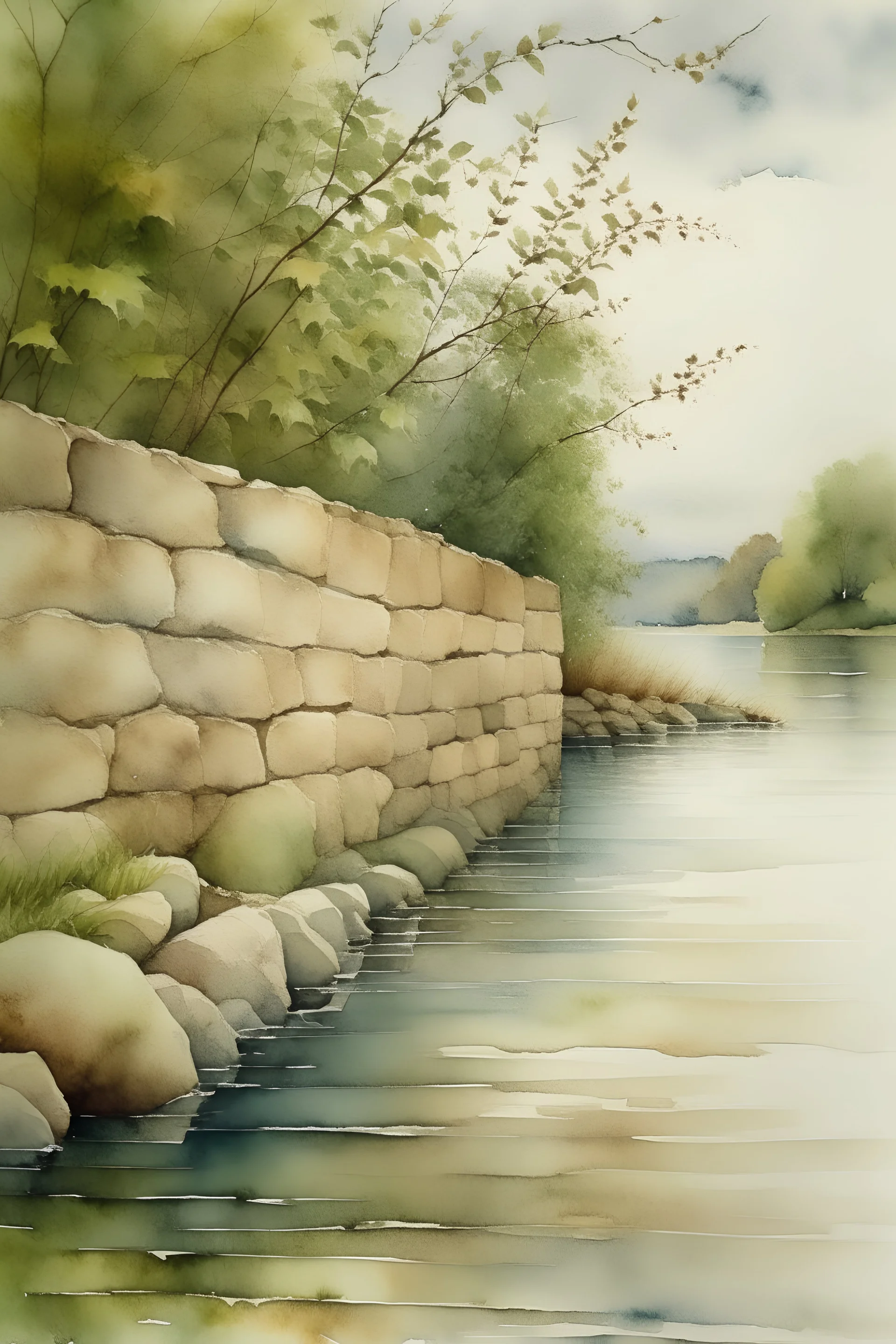 An old, stone wall along the shore of Lake - water color illustration