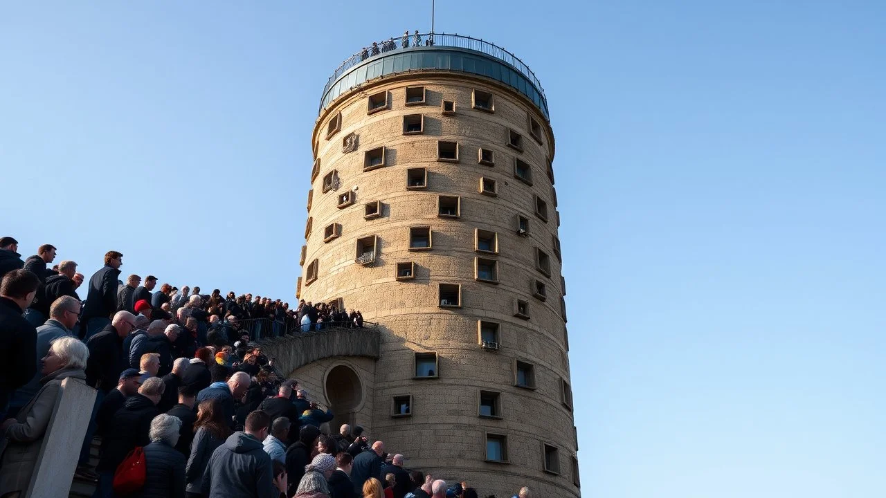 Cylindrical tower with lots of randomly placed windows, viewing platform on top, long queue of people waiting to go in, award-winning photograph, exquisite realism