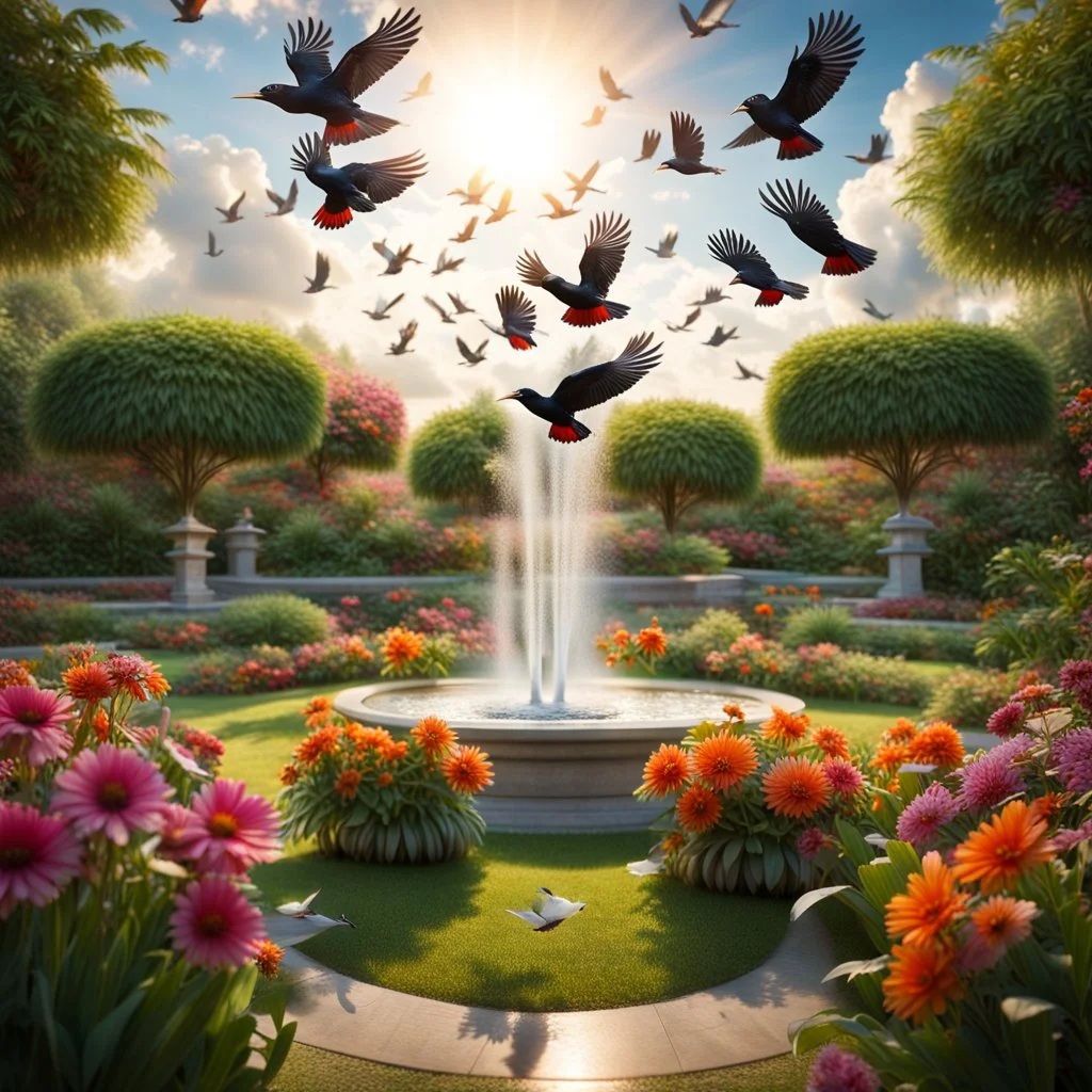 Hyper Realistic photographic-view of Lots-of-Koel-Birds Flying in a beautiful flower garden with grass-patches & a water fountain with sunlight-rays-behind-clouds showing dramatic & cinematic ambiance