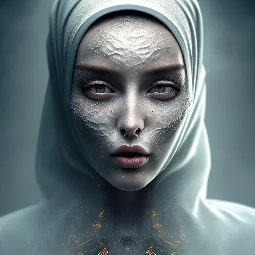 clouds of fog as woman's face, dissolving, disintegrating, turning into smoke, wearing hijab, fine detail, highly intricate, ghostly, modern surrealism painting, high-quality, volumetric lighting, 8k, ultrahd, George Grie, Marco Escobedo, Igor Morski,Brian Froud, Howard Lyon, Selina French,