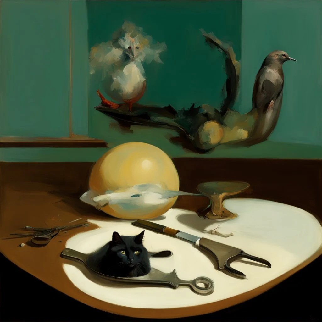 a cat and human flesh-like surgical instruments and universe-like a pigeon and neuralink, surrealism,minimalism,Painting By Adrian Ghenie, Rene Magritte, Salvador Dali, Lucian Freud