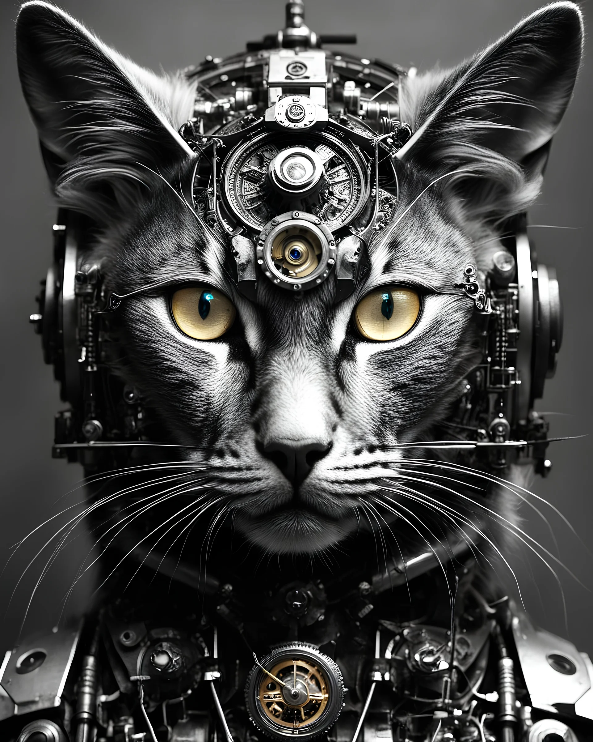 Length photograph mecha face steampunk sci fi portrait of a mechanized cat, or various animals, or mythical creatures, anthropomorphic, high key lighting, 3d bas relief, front view clock, glowing neon nixie cyberpunk eye, wire whiskers cyborg high contrast black and white image