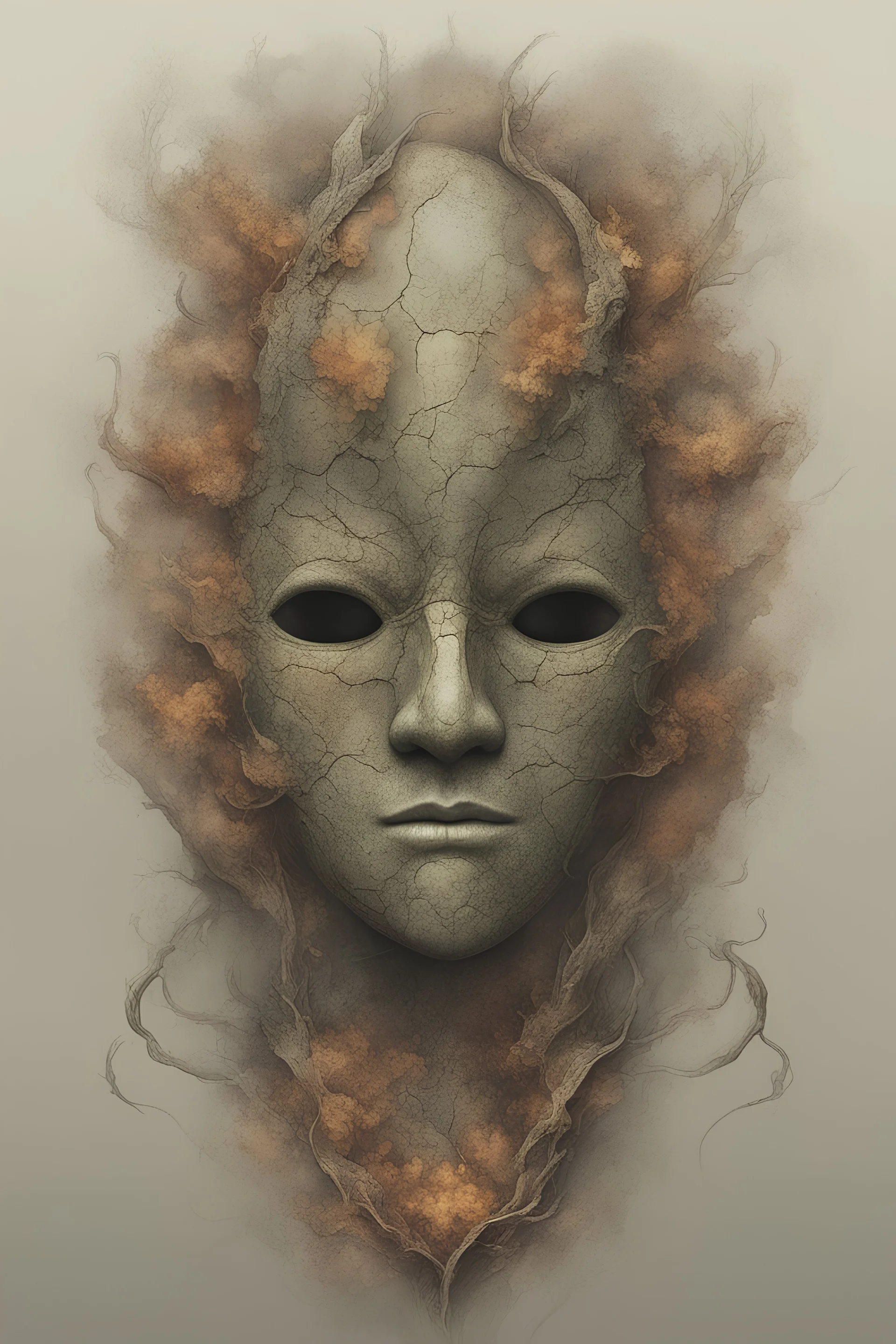 fantasy humanoid, stone mask, stone grows slowly from that mask, color, realisitc