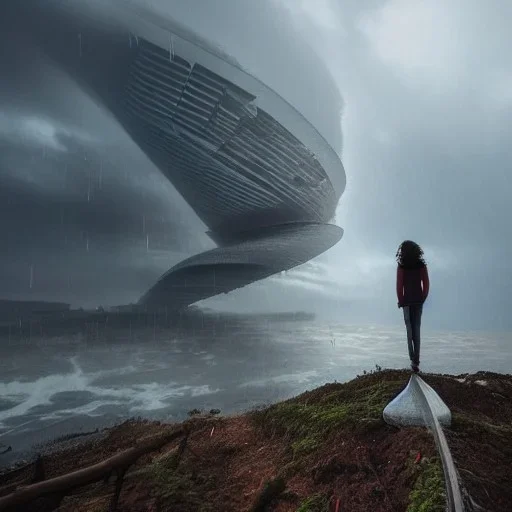 A princess standing. Epic scale. Heavy cold rain. Epic Thunderstorm. An engineer looking up. Futuristic scenary. Gray mist.