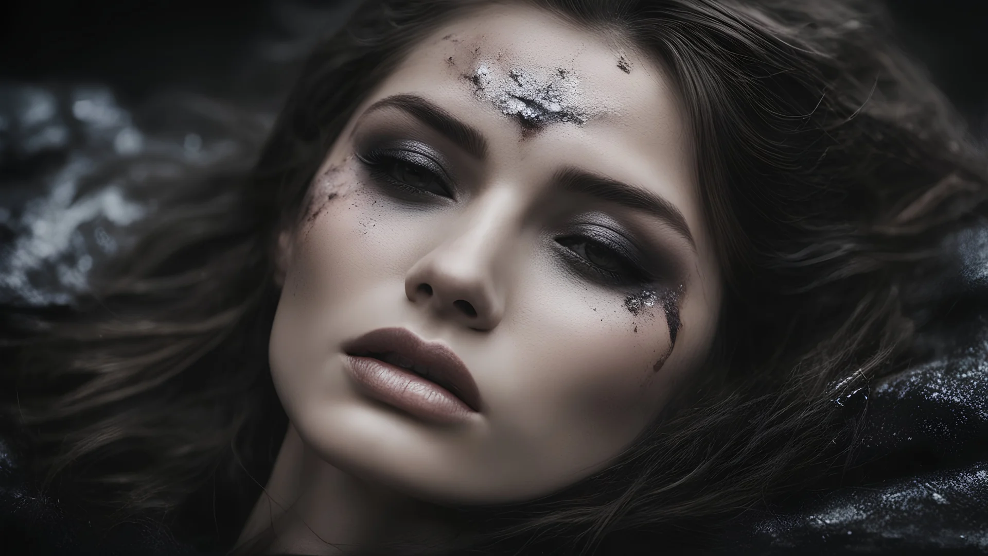 Photoreal close-up of gorgeous rogue woman eyes closed floating horizontally lying in utter dark outer space, Wounds accumulated on her body stained with the taint of darkness, forgotten realms fantasy style by lee jeffries, otherworldly creature, in the style of fantasy movies, shot on Hasselblad h6d-400c, zeiss prime lens, bokeh like f/0.8, tilt-shift lens, 8k, high detail, smooth render, unreal engine 5, cinema 4d, HDR, dust effect, vivid colors