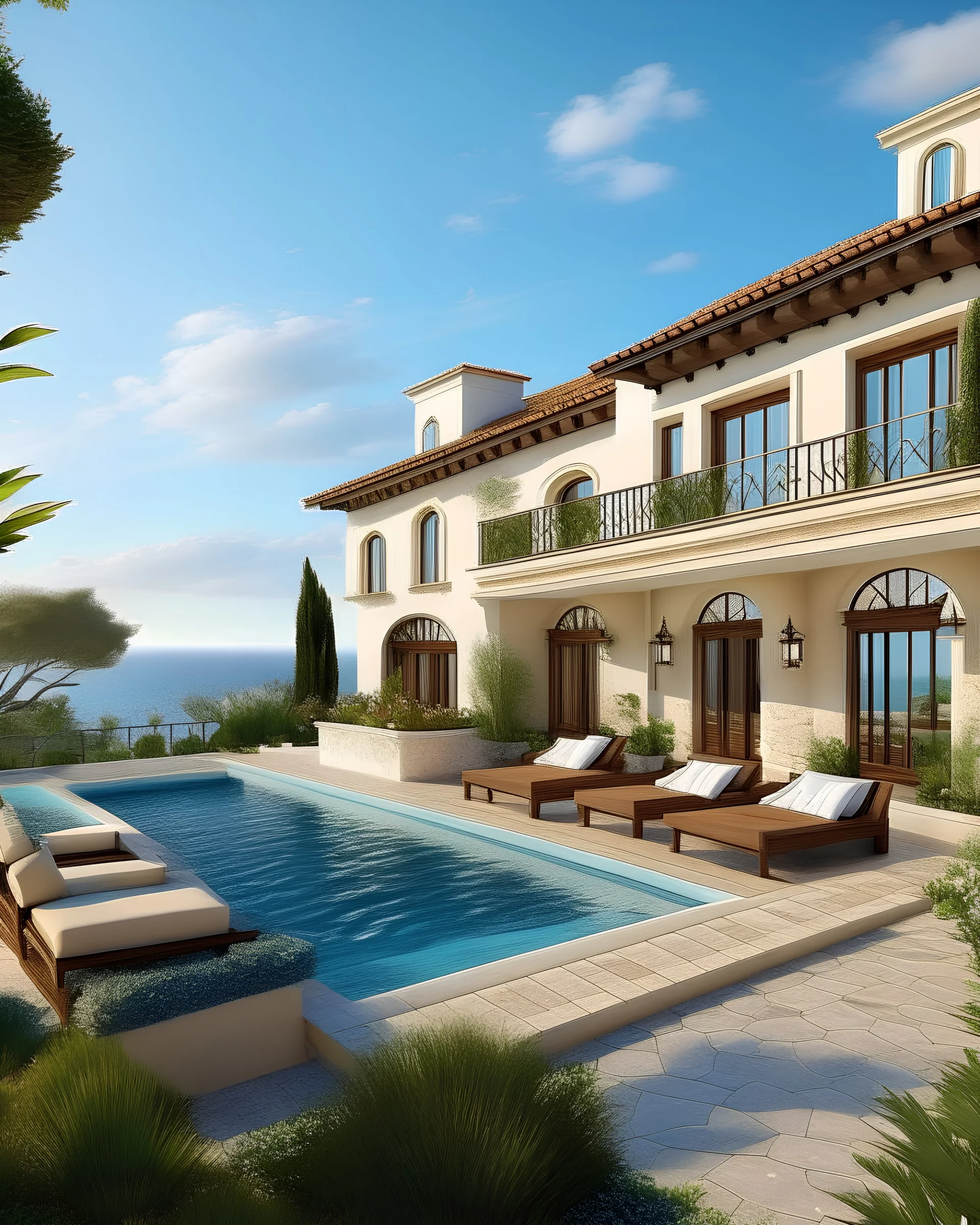 A luxurious house in the style of Mediterranean with a serene mood and a view.