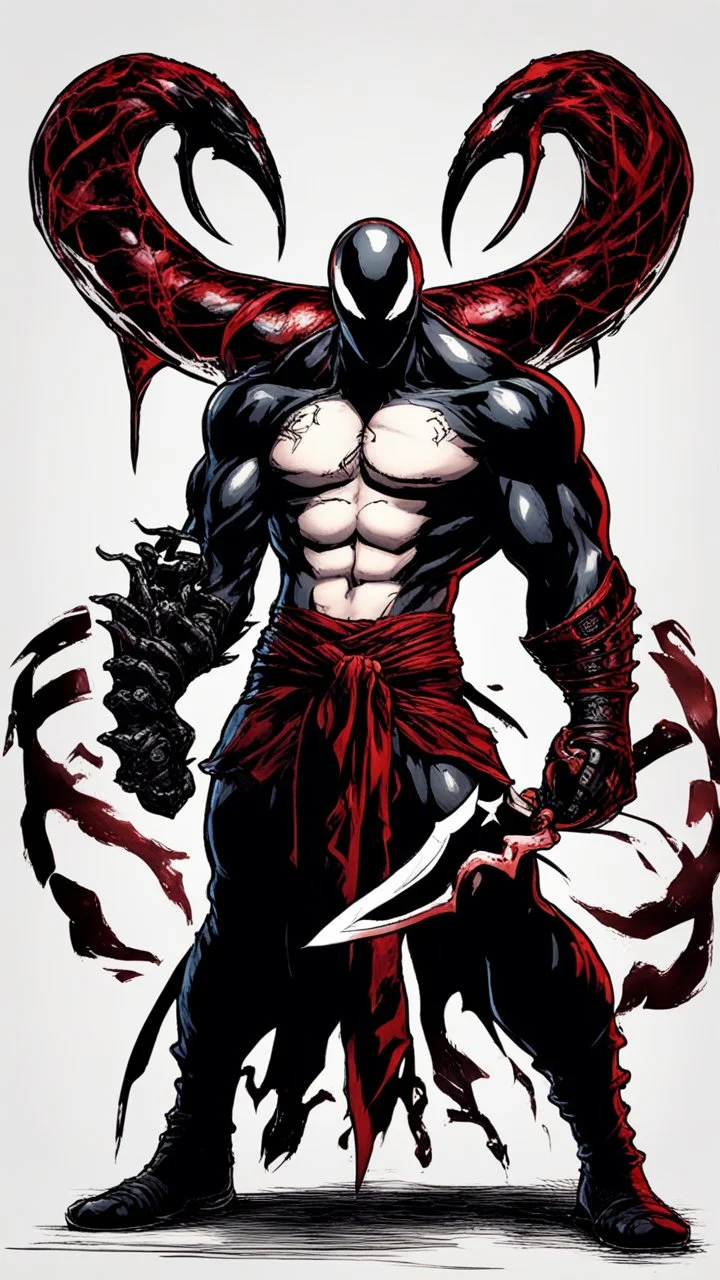 A close picture of Venom symbiote with kratos red tattoos and Clothes, holding blade of choice